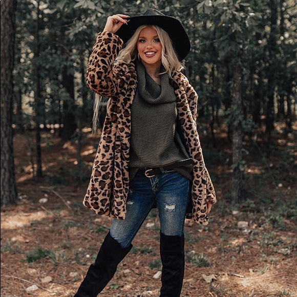 Leopard Print Pocket Coat Faux Fur Jacket - Picture 9 of 13